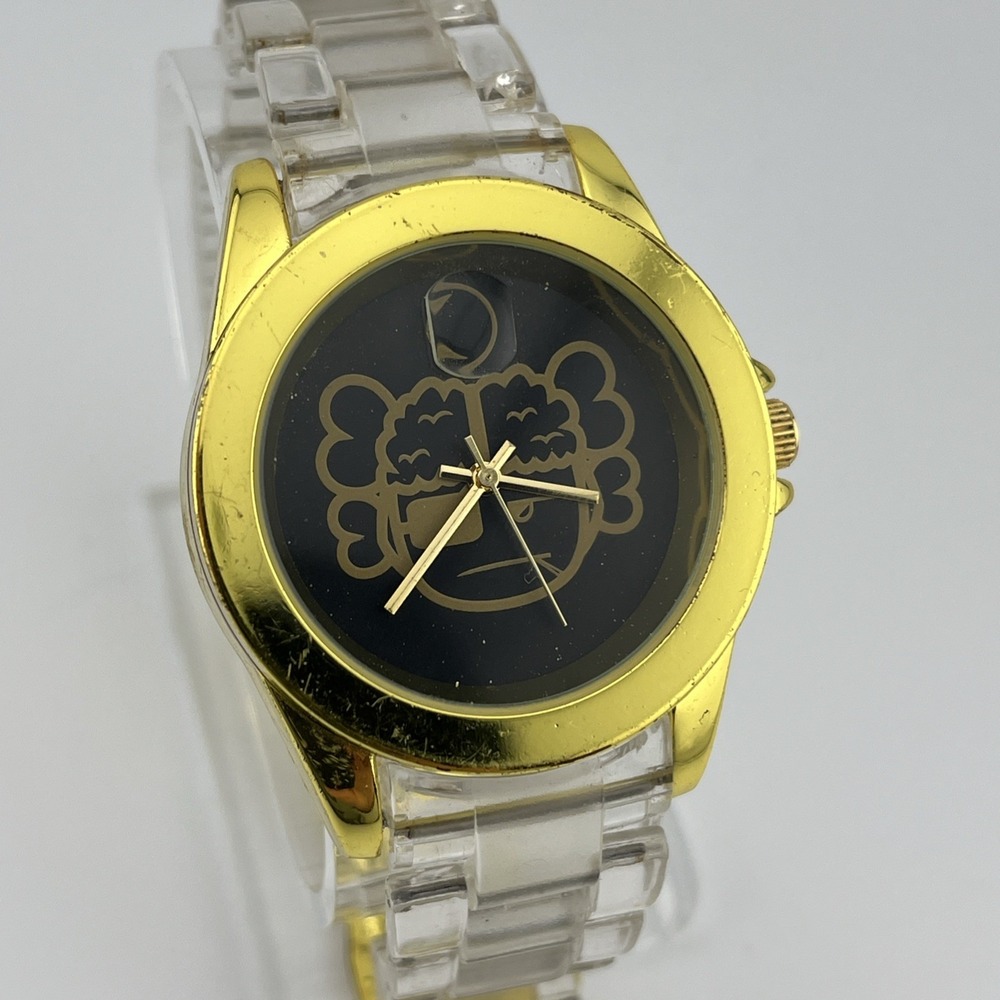 Clear Plastic 6.5" Band Watch Unisex Gold Case Black‎ Dial 38mm- New Battery